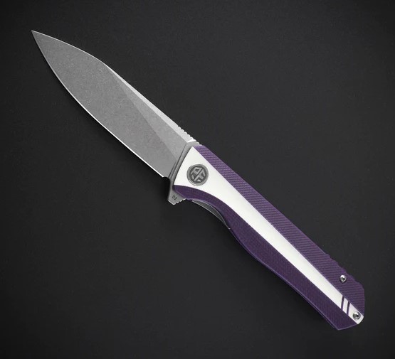 Petrified Fish Forward Folding Knife, D2 SW Blade, G10 White/Purple, 818WPW